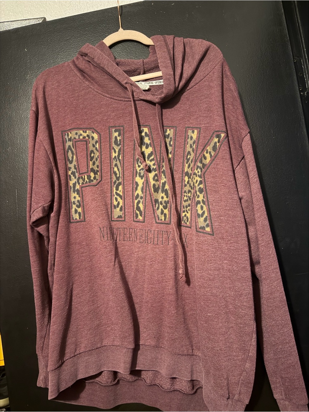 PINK Victoria's Secret Women's Maroon Hoodie Sweater with Leopard Print Logo